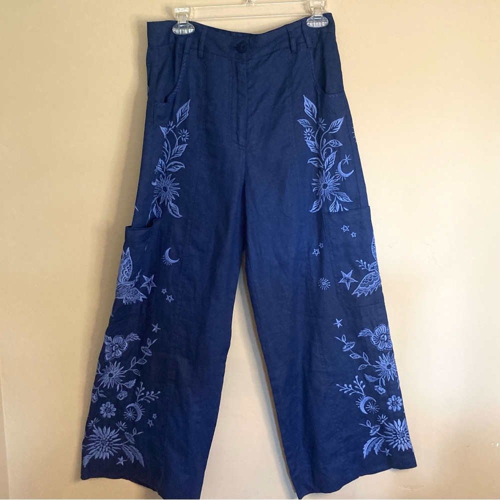NEW Johnny Was Oleander Wide Leg Cropped Pants Tonal Embroidery Linen Blue S - Picture 6 of 15